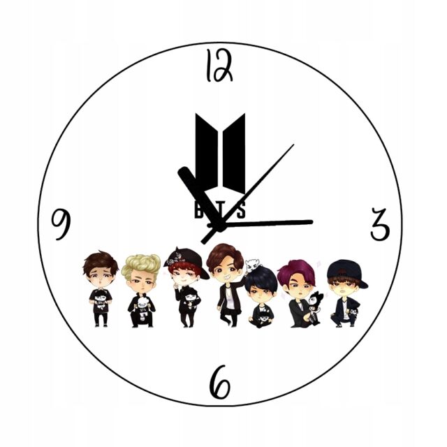 Biały szklany zegar ścienny BTS Bangtan Boys personalizowany z imieniem prezent dla fana K‑pop