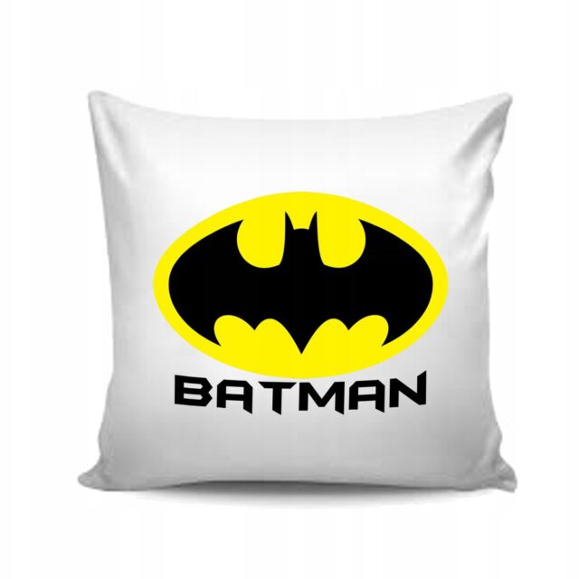 Biała poduszka dekoracyjna Batman z żółto‑czarnym logo dla fanów DC