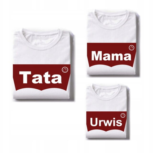 Białe koszulki rodzinne Mama Tata Urwis zestaw 3 sztuki unisex