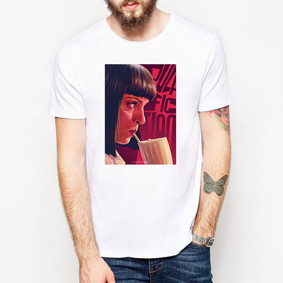 Biała koszulka męska Pulp Fiction Mia Wallace z nadrukiem filmowym