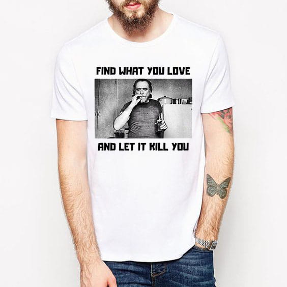Biała koszulka męska Charles Bukowski z czarno-białym nadrukiem i cytatem