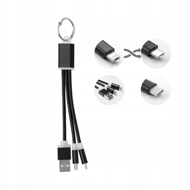 Brelok z kablami do ładowania z USB-A na Micro-B (2 w 1) i typ C.