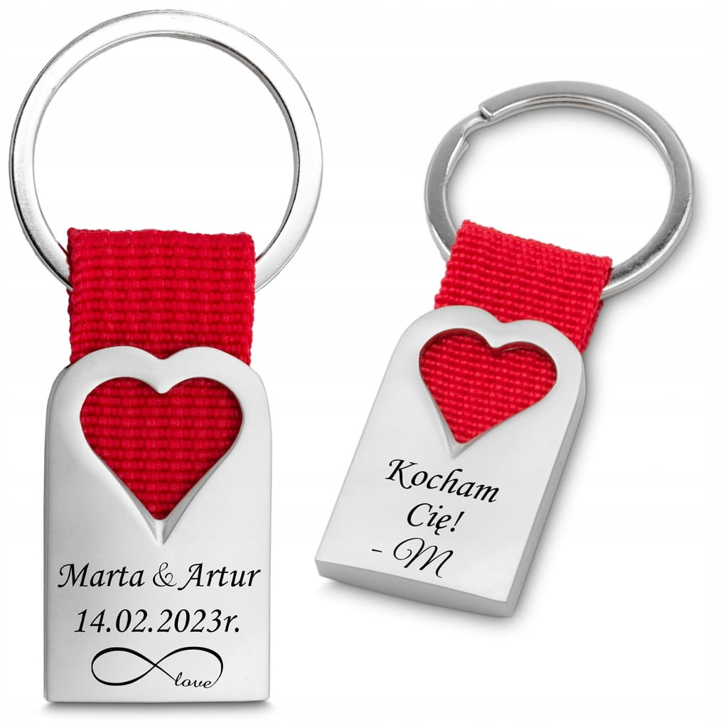 Personalizowany brelok metalowy serce z grawerem srebrny z czerwonym paskiem