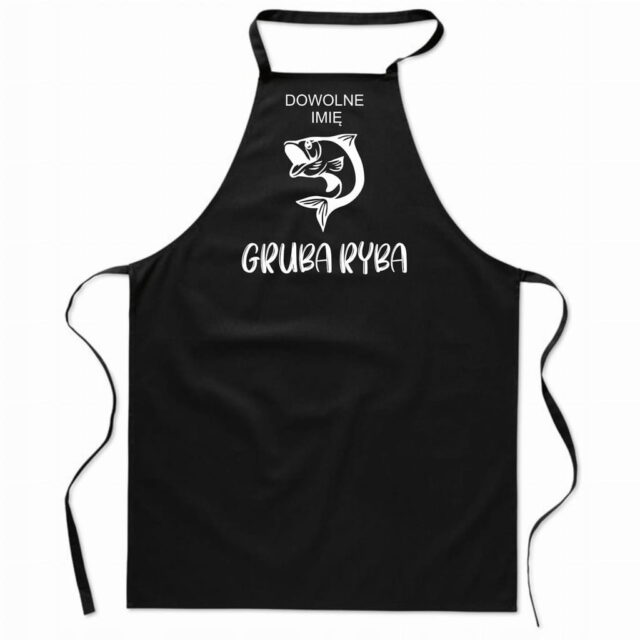 Czarny personalizowany fartuch kuchenny Gruba Ryba z imieniem unisex