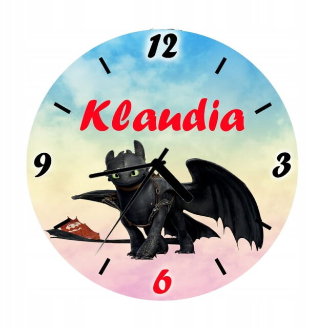Personalizowany zegar szklany Jak wytresować smoka 20 cm z imieniem do pokoju dziecka