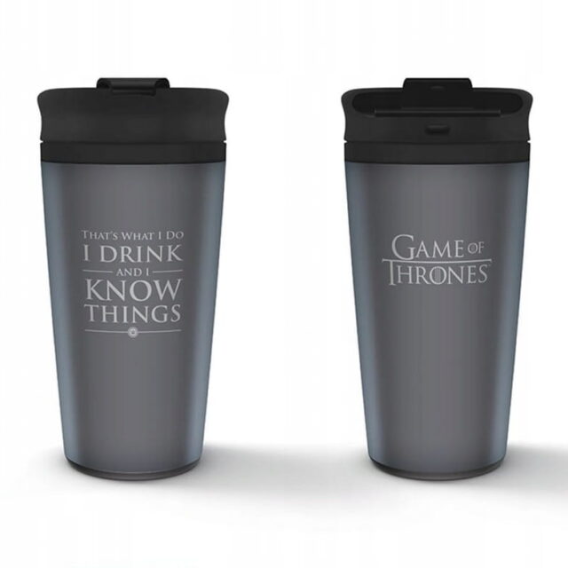 Szary kubek termiczny Game of Thrones 350 ml z cytatem Tyriona i czarną pokrywką