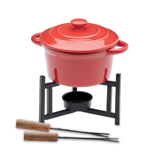 Czerwony ceramiczny zestaw do fondue dla 2 osób z podgrzewaczem i widelczykami
