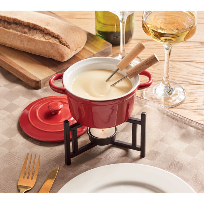 Czerwony ceramiczny zestaw do fondue dla 2 osób z podgrzewaczem i widelczykami - obrazek 2