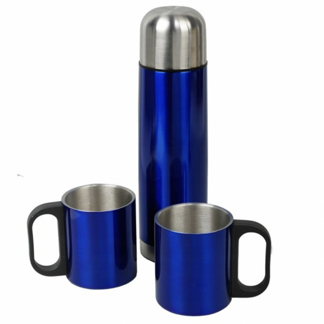 Termos metalowy i 2 kubki, 480 ml - niebieski