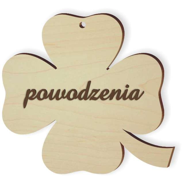 Drewniany brelok koniczynka na szczęście z grawerem powodzenia